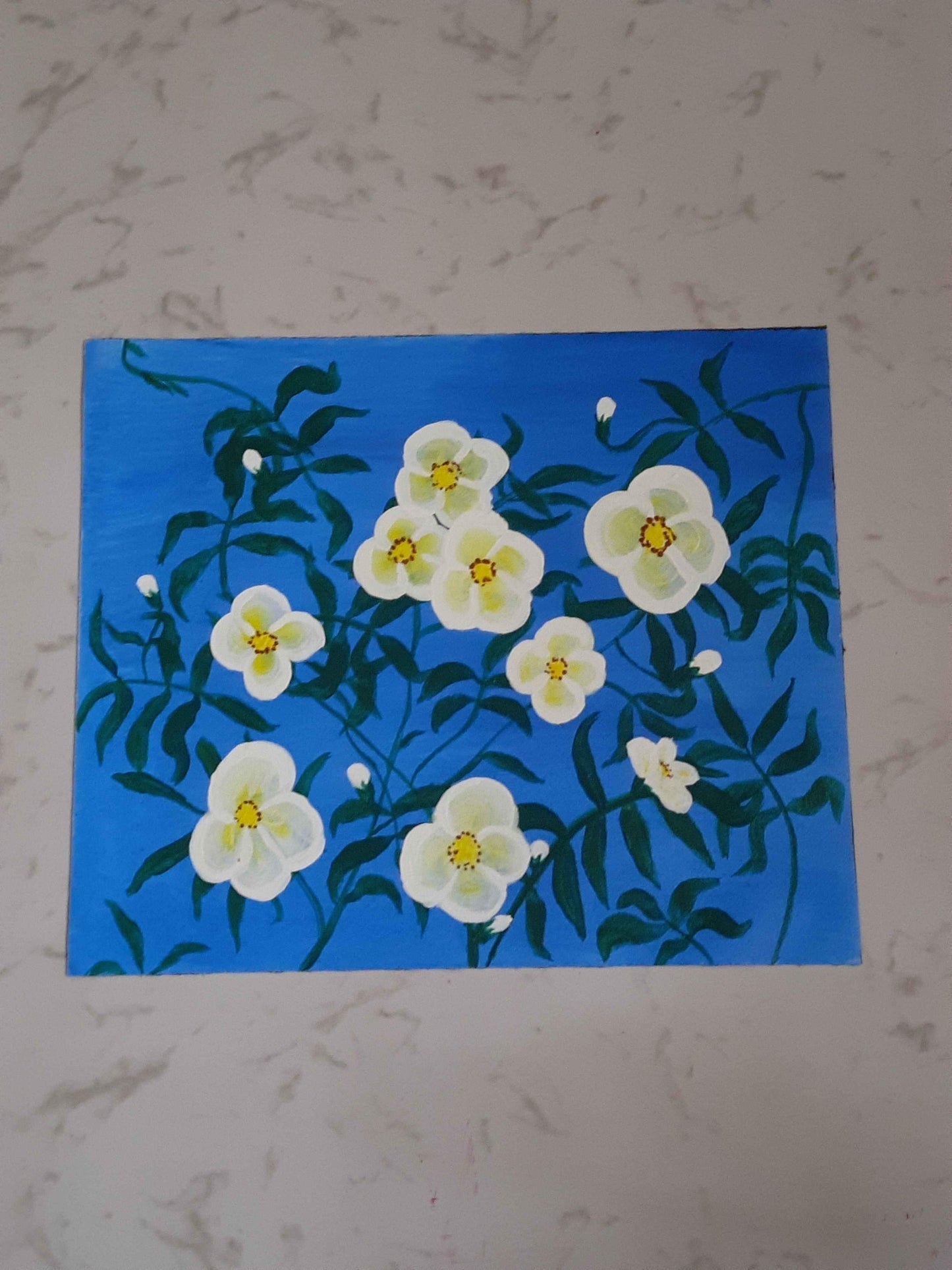 White flower white canvas acrylic color handmade brush painting