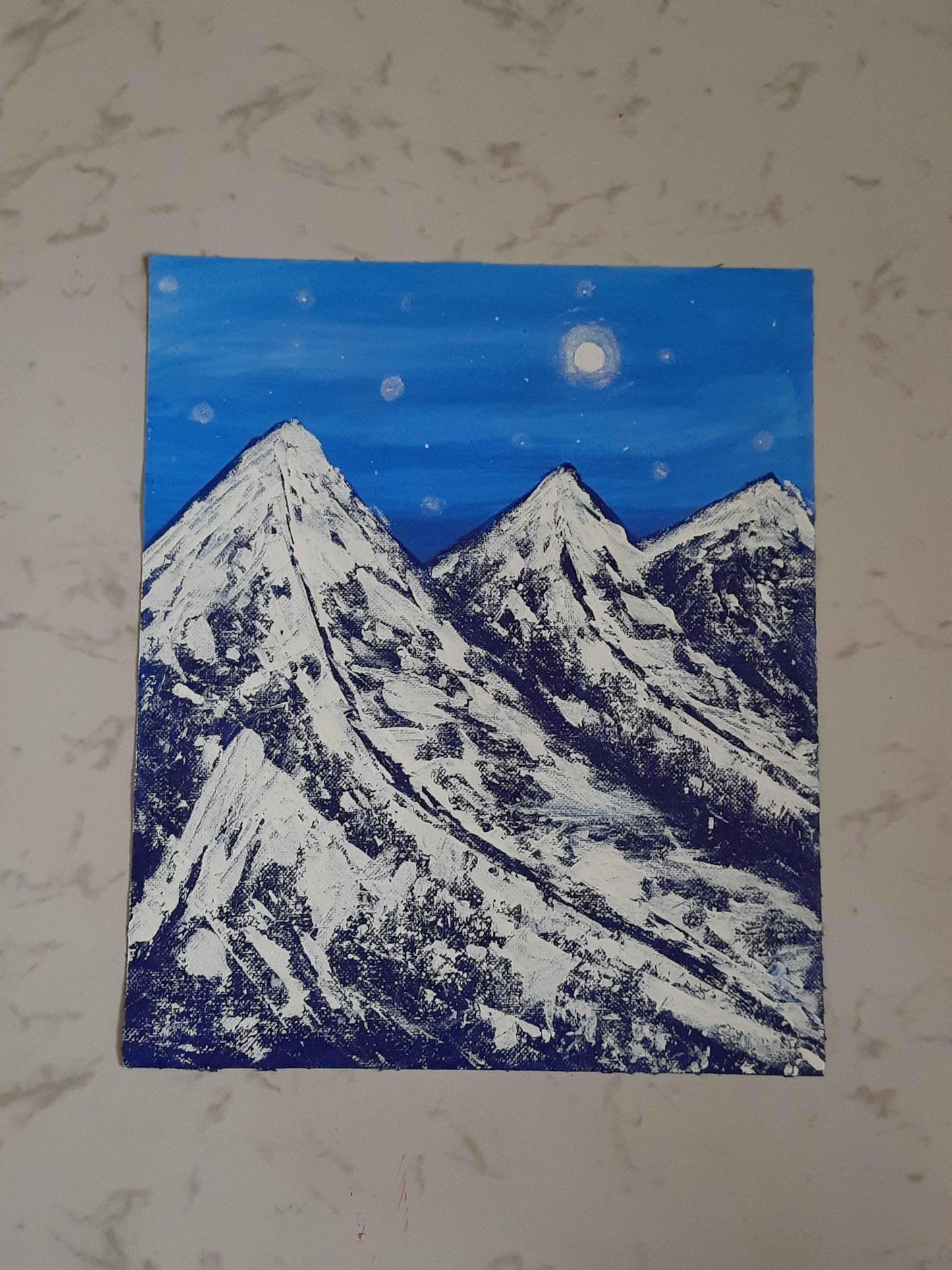 Ice mountain at full moon white canvas acrylic color handmade painting