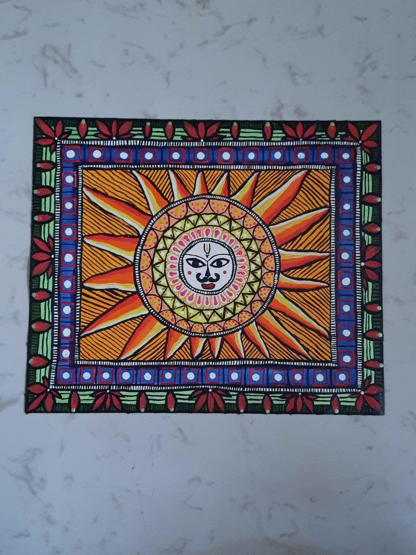 Sun and Moon madhubani or mithila white canvas acrylic color handmade  painting