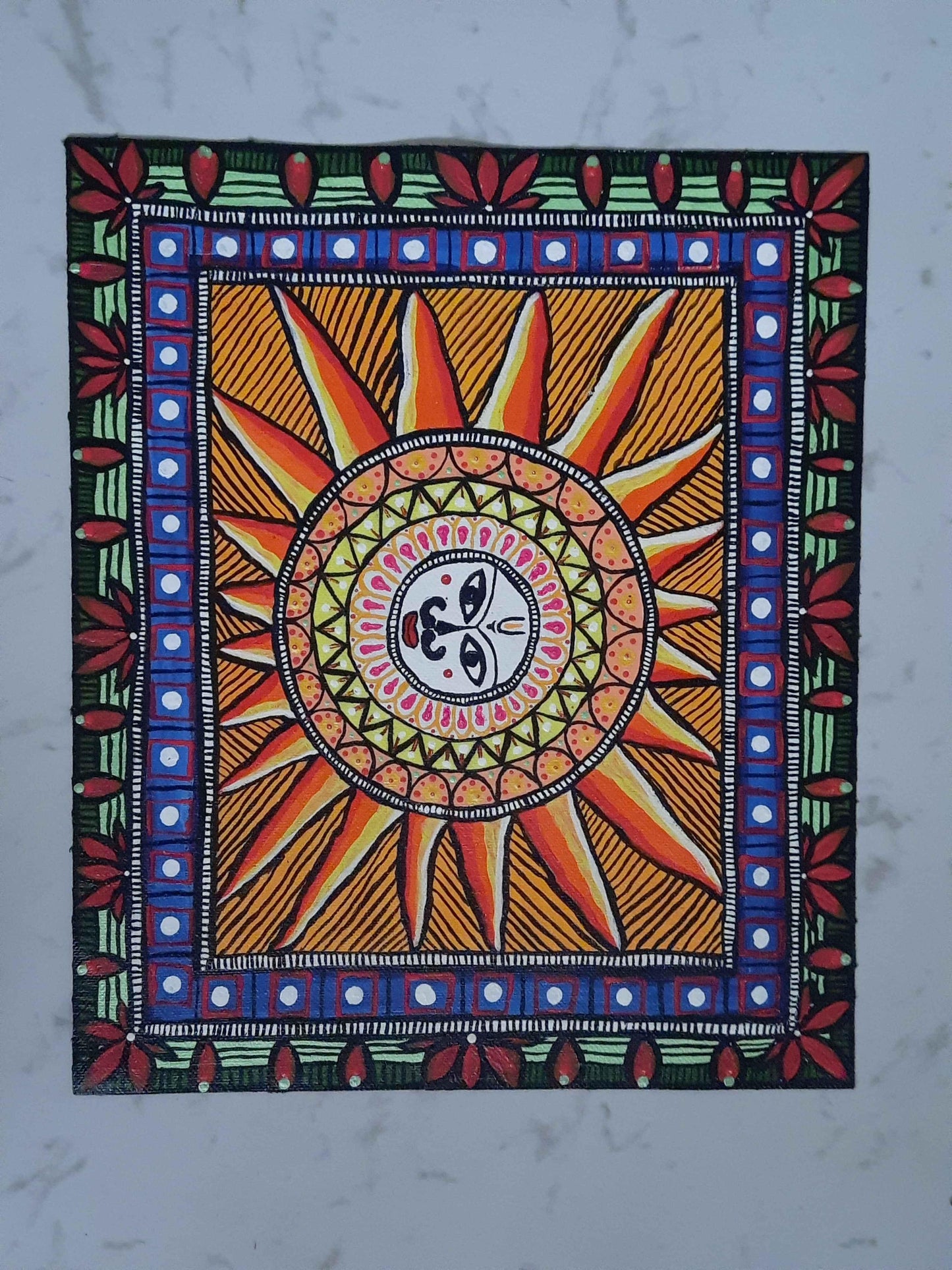Sun and Moon madhubani or mithila white canvas acrylic color handmade  painting
